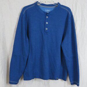 LL Bean Mens Henley Shirt/Sweater SIZE Large, Blue, Reinforced Elbows, 6% Wool